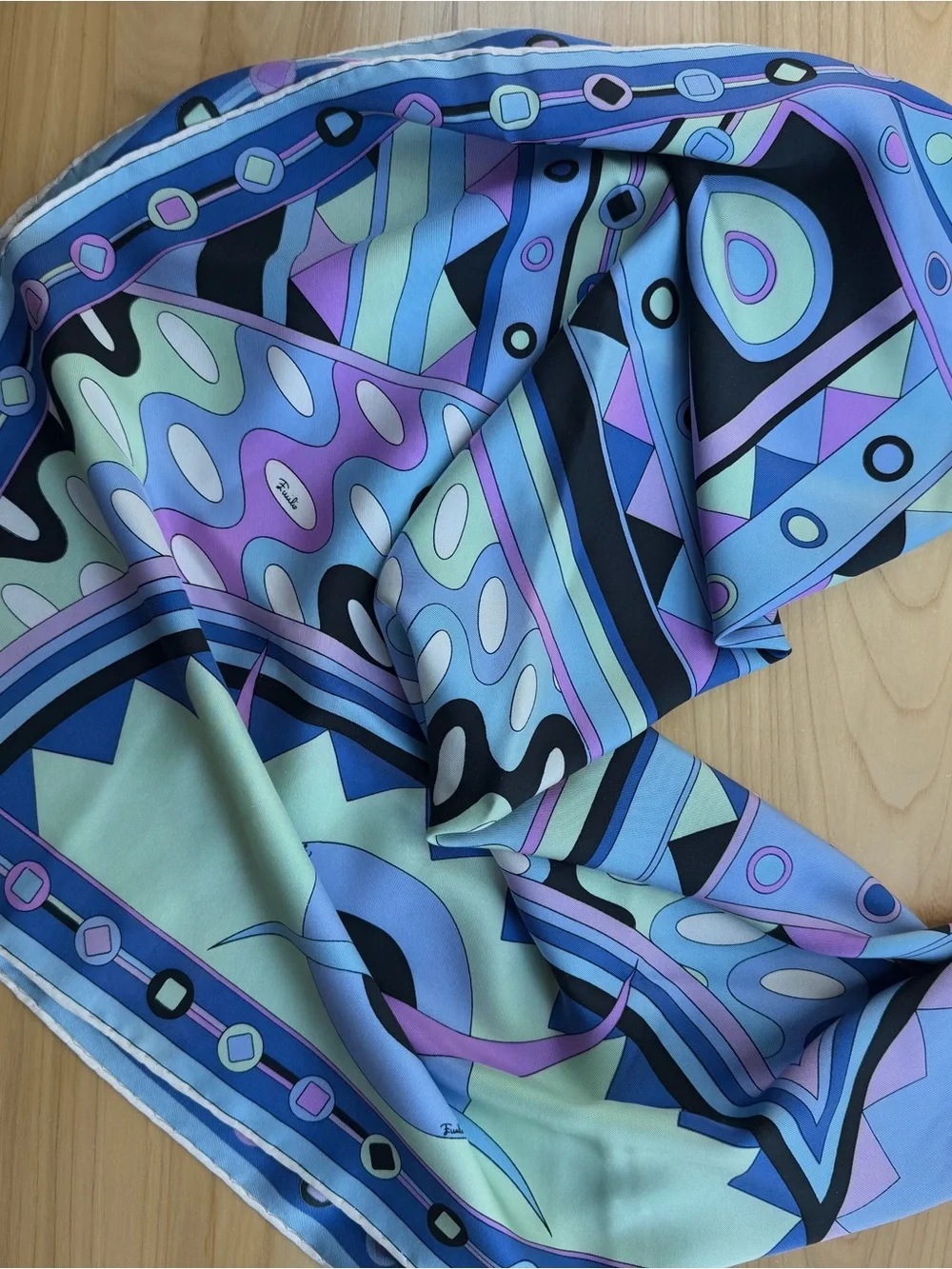 Emilio Pucci Vivara 70s Silk Geometric Pattern Scarf in Blue and Lavender 34x34”